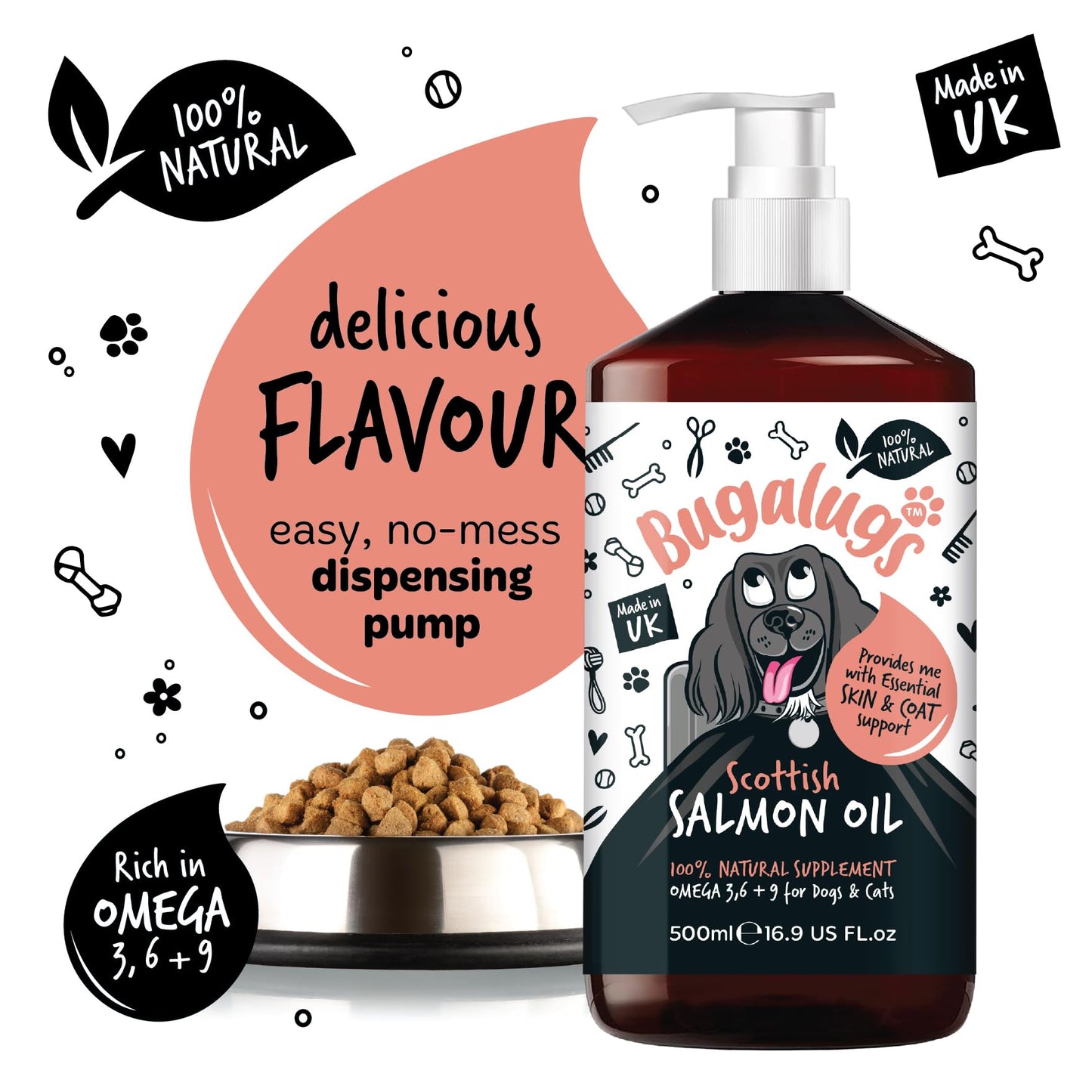 Bugalugs Scottish Salmon Oil For Dogs & Cats, Dog Supplement Support for Skin And Coat, Itchy Skin & Moulting, Omega 3 Fish Oil (Salmon, 500ml)