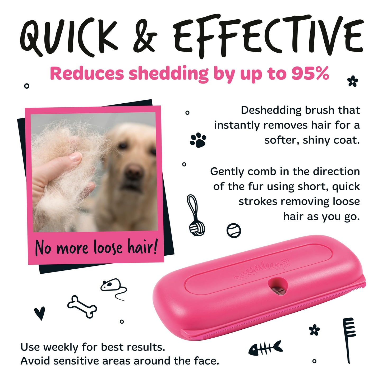 Bugalugs Deshedding Brush for Dogs, Cats, Horses - Pet Grooming Tool that is Gentle & Effective With Wide Shallow Comb, Smooth Groomer for Dog, Cat and Horse