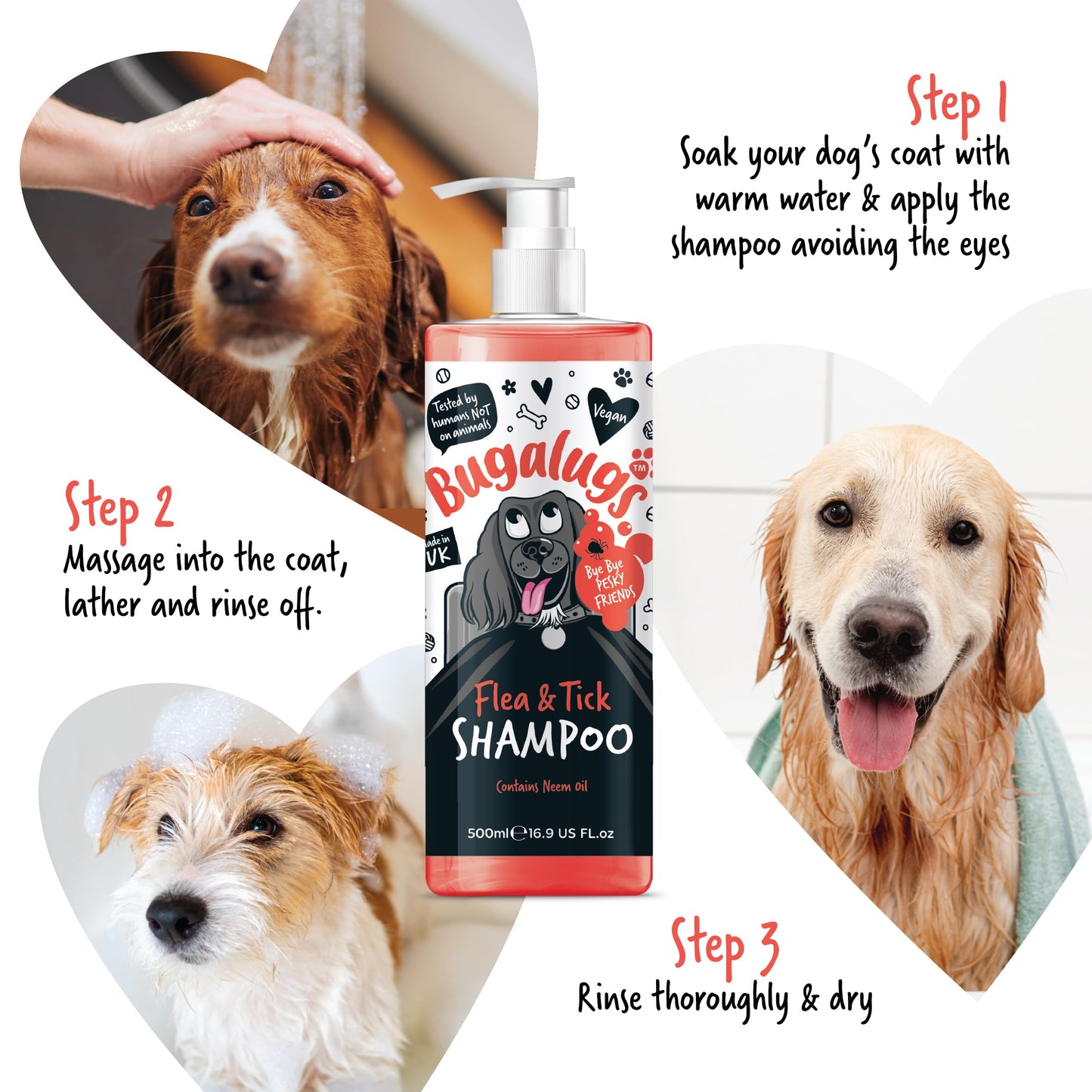 Flea and Tick Dog Shampoo by Bugalugs, Works on Smelly Puppies & Dogs, Contains Neem Oil PH Balanced Vegan Used by Professional Groom (Shampoo 500ml)