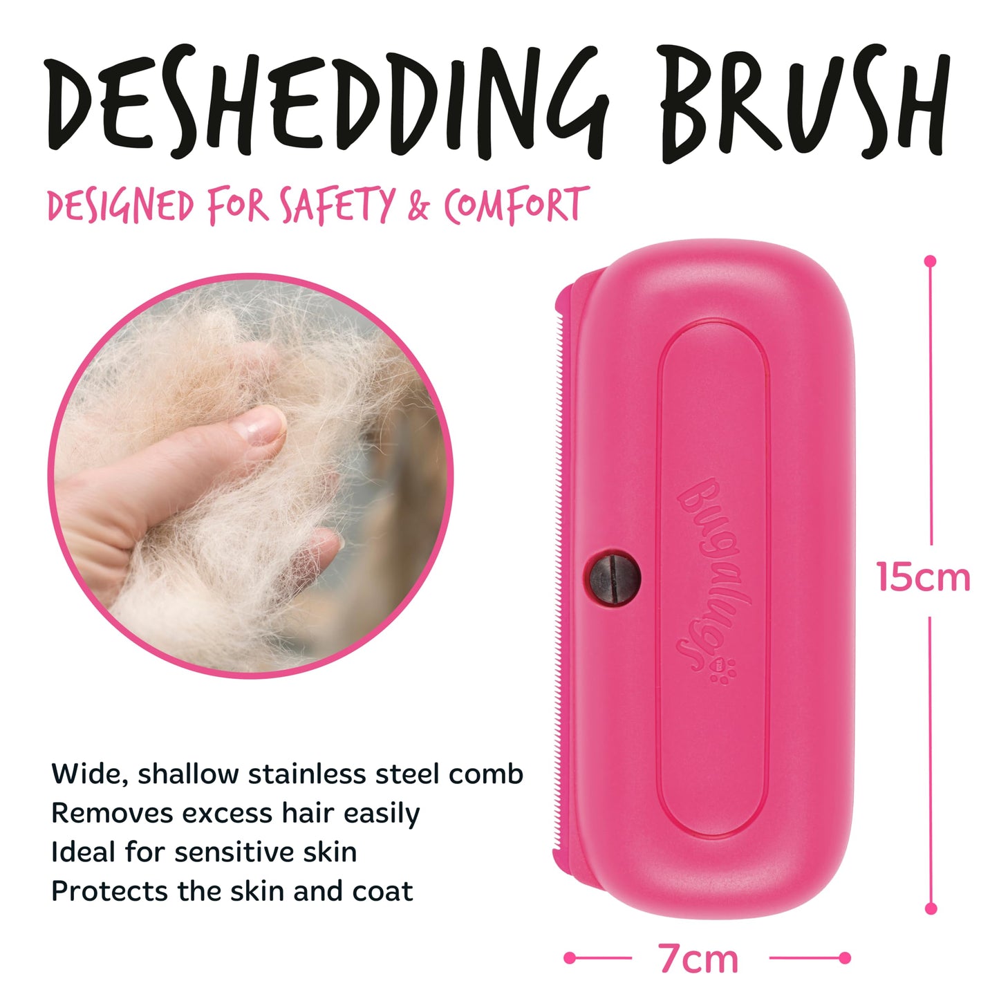 Bugalugs Deshedding Brush for Dogs, Cats, Horses - Pet Grooming Tool that is Gentle & Effective With Wide Shallow Comb, Smooth Groomer for Dog, Cat and Horse