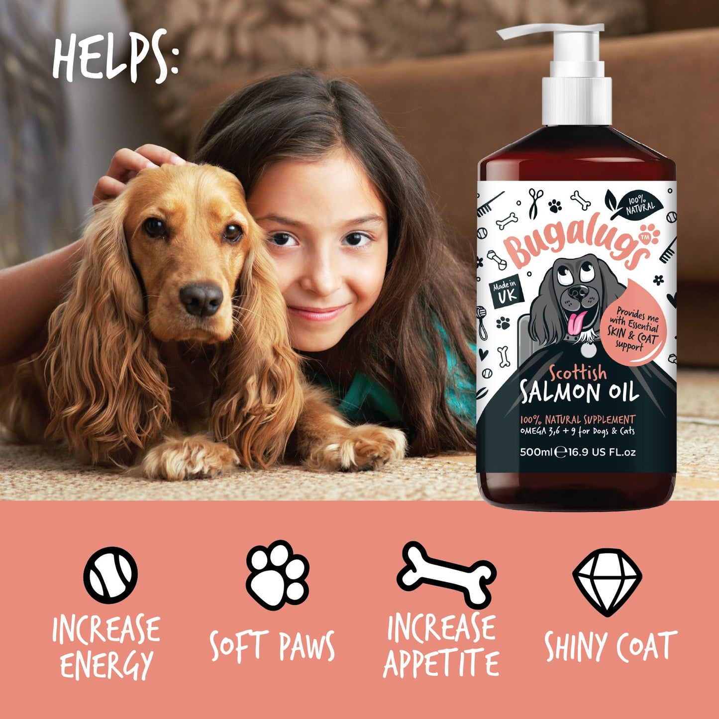 Bugalugs Scottish Salmon Oil For Dogs & Cats, Dog Supplement Support for Skin And Coat, Itchy Skin & Moulting, Omega 3 Fish Oil (Salmon, 500ml)