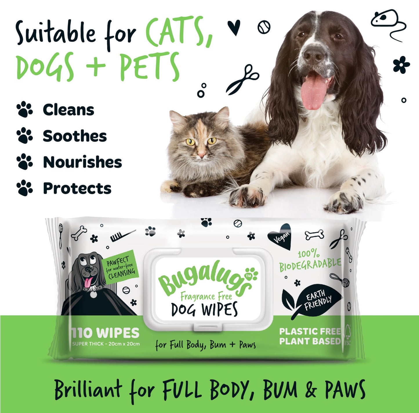 BUGALUGS Dog Wipes, 100% Plastic Free Biodegradable pet wipes for full body, eye wipes, ear wipes, bum & paws. 110 sensitive dog grooming wipes for dogs, puppy & cat grooming (Fragrance Free)
