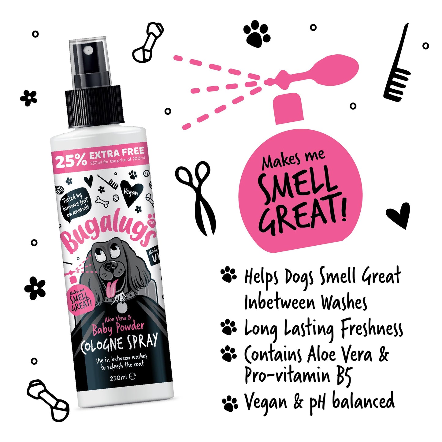 Bugalugs Dog Perfume Spray with Aloe Vera & Baby Powder Cologne great Pet Odour Eliminator Deodorant Spray for Smelly Dogs can use as Dry Shampoo
