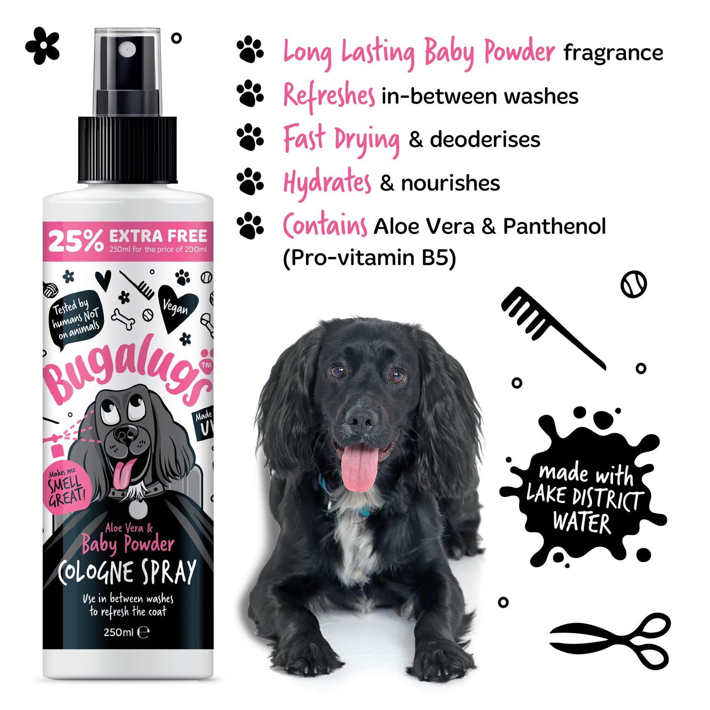 Bugalugs Dog Perfume Spray with Aloe Vera & Baby Powder Cologne great Pet Odour Eliminator Deodorant Spray for Smelly Dogs can use as Dry Shampoo
