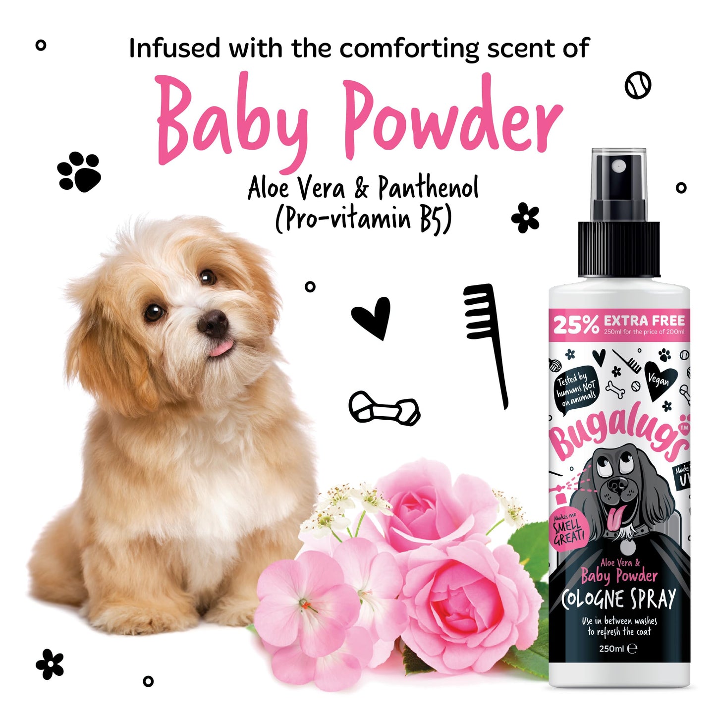 Bugalugs Dog Perfume Spray with Aloe Vera & Baby Powder Cologne great Pet Odour Eliminator Deodorant Spray for Smelly Dogs can use as Dry Shampoo