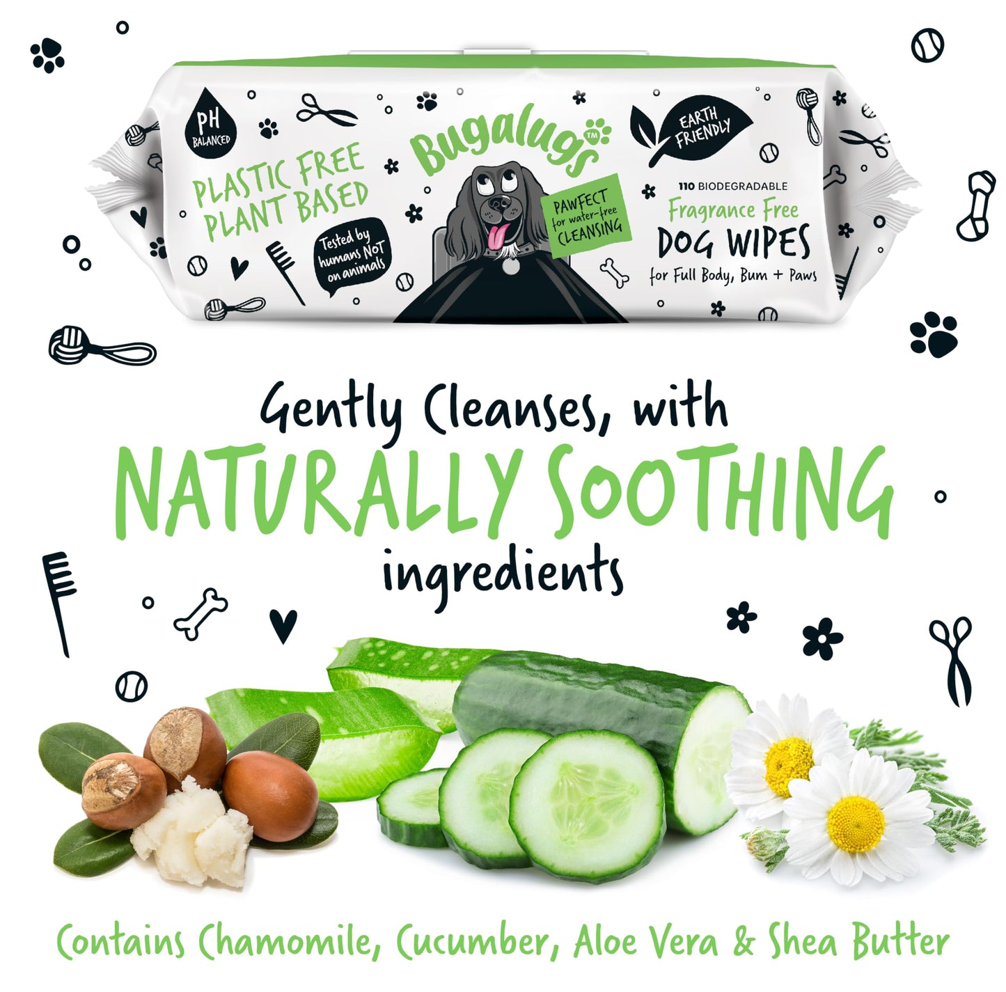 BUGALUGS Dog Wipes, 100% Plastic Free Biodegradable pet wipes for full body, eye wipes, ear wipes, bum & paws. 110 sensitive dog grooming wipes for dogs, puppy & cat grooming (Fragrance Free)