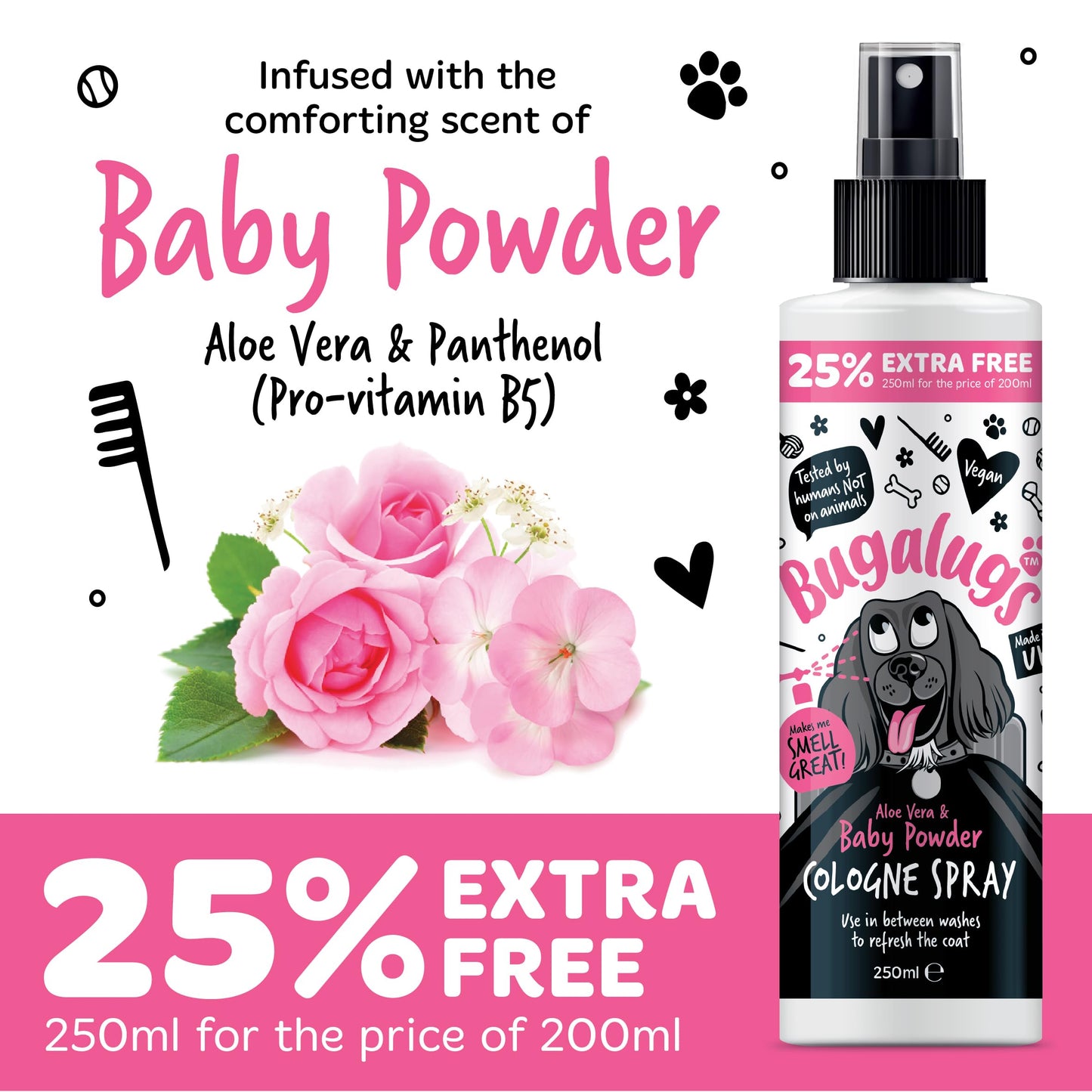 Bugalugs Dog Perfume Spray with Aloe Vera & Baby Powder Cologne great Pet Odour Eliminator Deodorant Spray for Smelly Dogs can use as Dry Shampoo