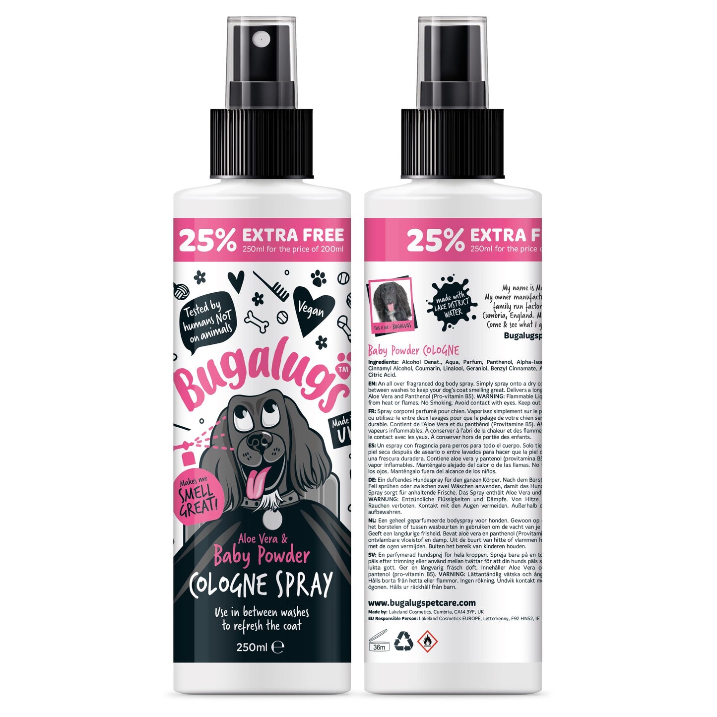 Bugalugs Dog Perfume Spray with Aloe Vera & Baby Powder Cologne great Pet Odour Eliminator Deodorant Spray for Smelly Dogs can use as Dry Shampoo