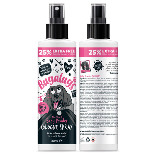 Bugalugs Dog Perfume Spray with Aloe Vera & Baby Powder Cologne great Pet Odour Eliminator Deodorant Spray for Smelly Dogs can use as Dry Shampoo
