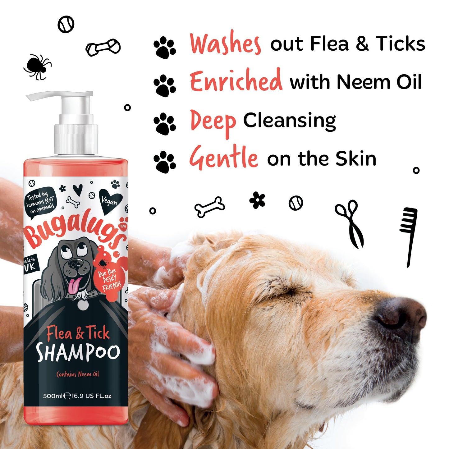 Flea and Tick Dog Shampoo by Bugalugs, Works on Smelly Puppies & Dogs, Contains Neem Oil PH Balanced Vegan Used by Professional Groom (Shampoo 500ml)