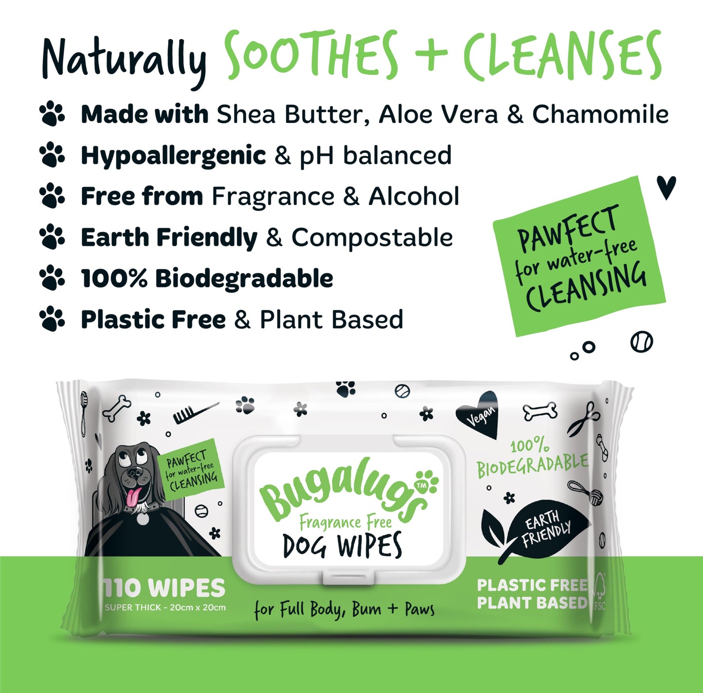 BUGALUGS Dog Wipes, 100% Plastic Free Biodegradable pet wipes for full body, eye wipes, ear wipes, bum & paws. 110 sensitive dog grooming wipes for dogs, puppy & cat grooming (Fragrance Free)