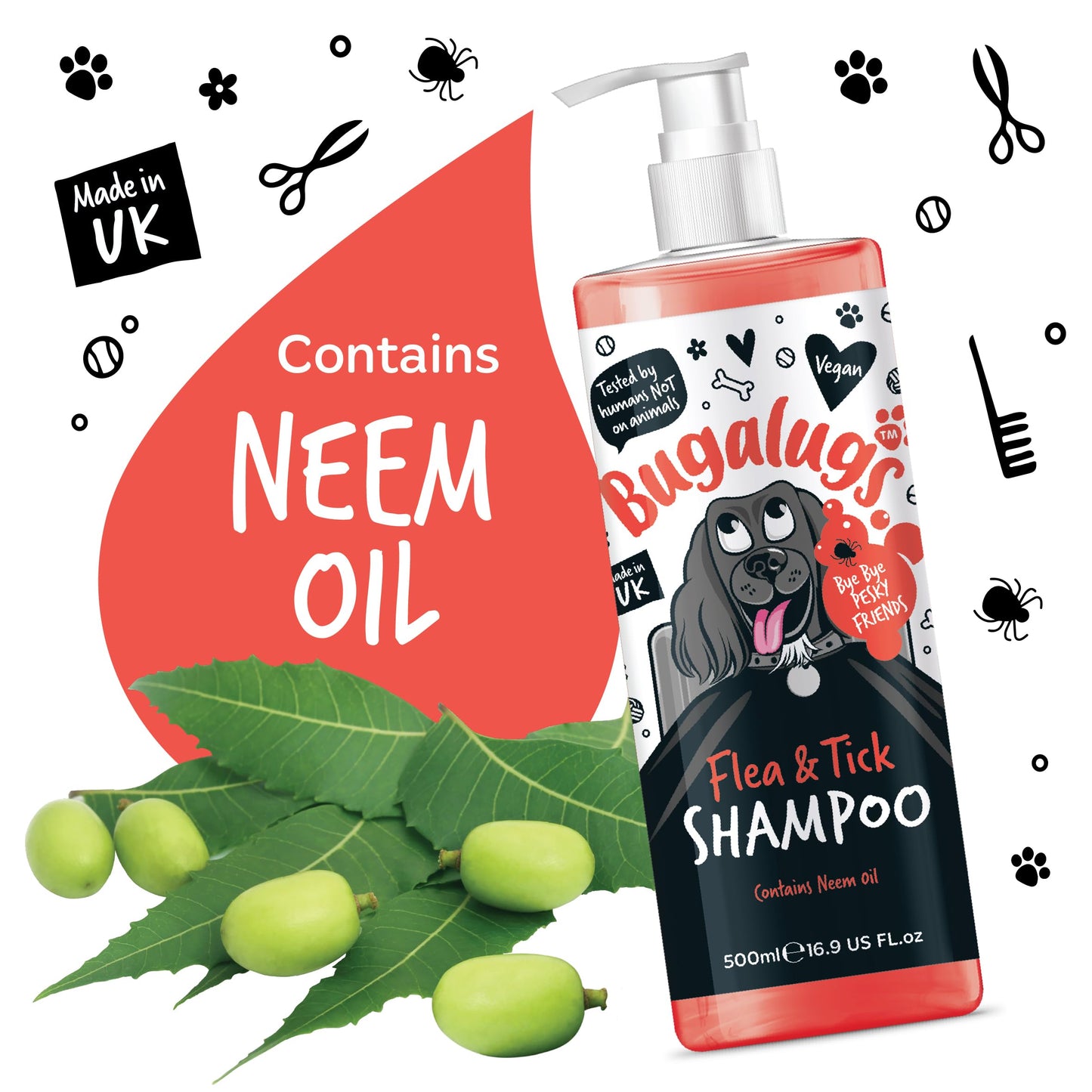 Flea and Tick Dog Shampoo by Bugalugs, Works on Smelly Puppies & Dogs, Contains Neem Oil PH Balanced Vegan Used by Professional Groom (Shampoo 500ml)