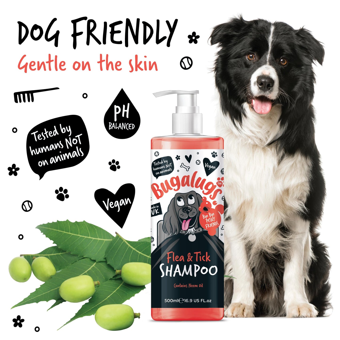 Flea and Tick Dog Shampoo by Bugalugs, Works on Smelly Puppies & Dogs, Contains Neem Oil PH Balanced Vegan Used by Professional Groom (Shampoo 500ml)