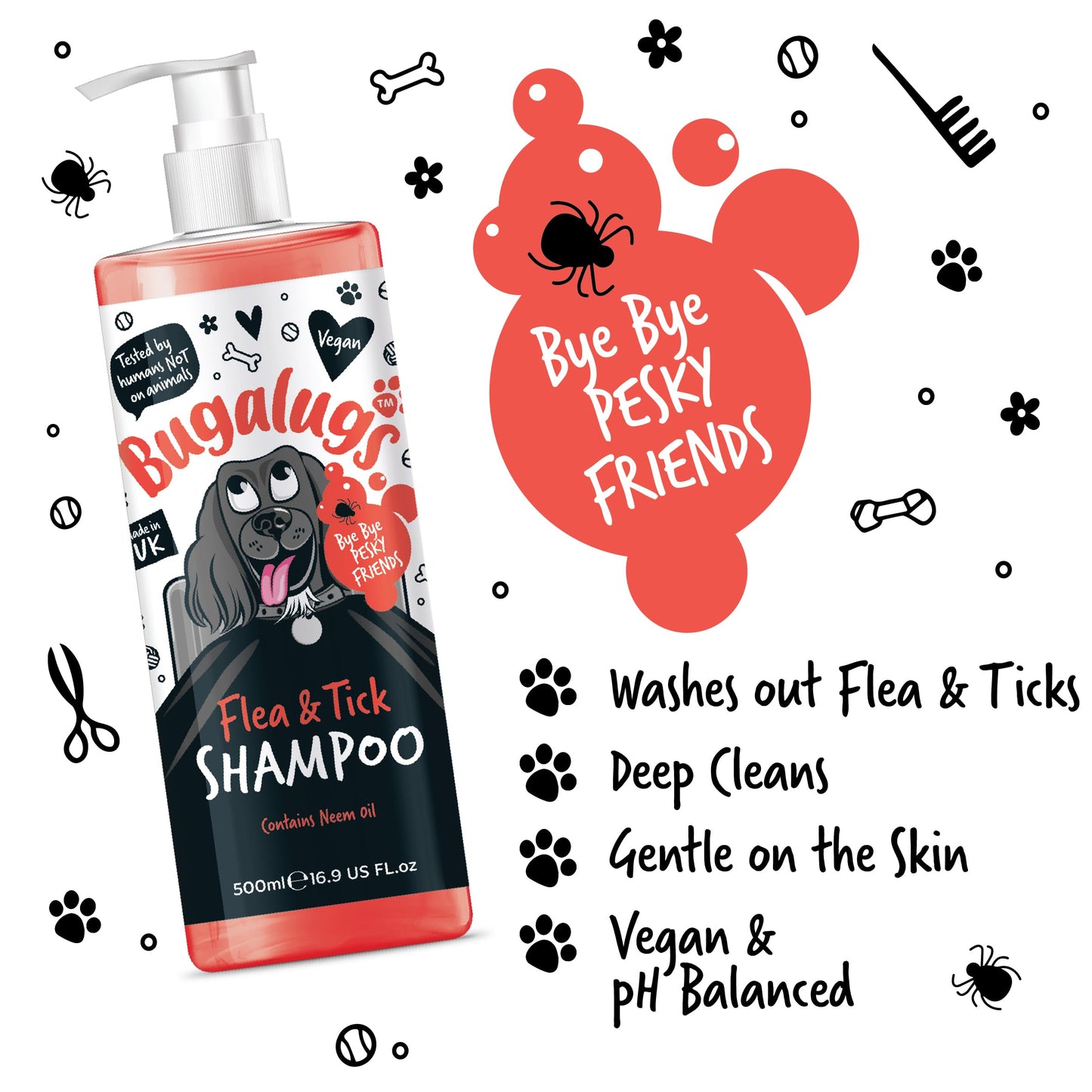 Flea and Tick Dog Shampoo by Bugalugs, Works on Smelly Puppies & Dogs, Contains Neem Oil PH Balanced Vegan Used by Professional Groom (Shampoo 500ml)