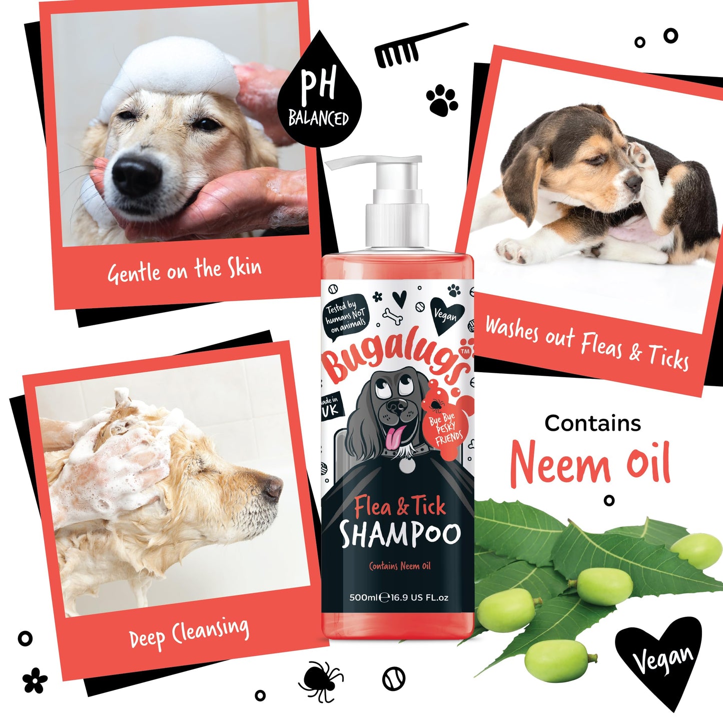 Flea and Tick Dog Shampoo by Bugalugs, Works on Smelly Puppies & Dogs, Contains Neem Oil PH Balanced Vegan Used by Professional Groom (Shampoo 500ml)